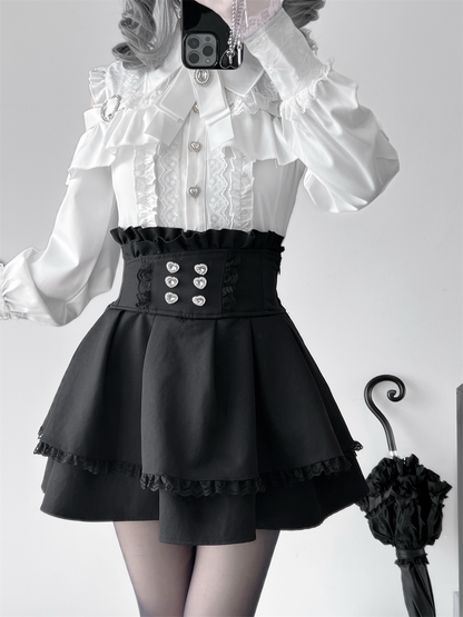 [Deadline for reservations: October 15] Open Shoulder Heart Leather Strap Ruffle Ribbon Shirt