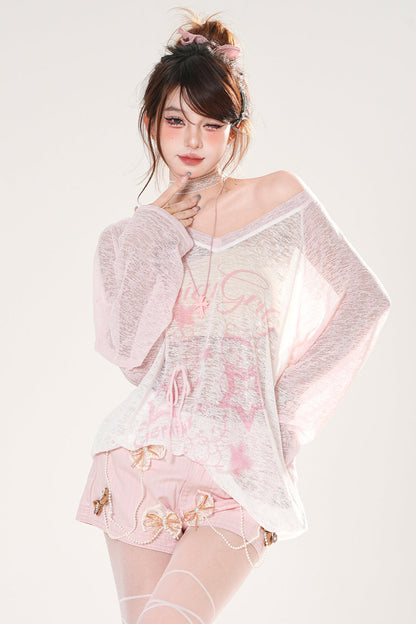 シアーサブカルVネックスモックトップス