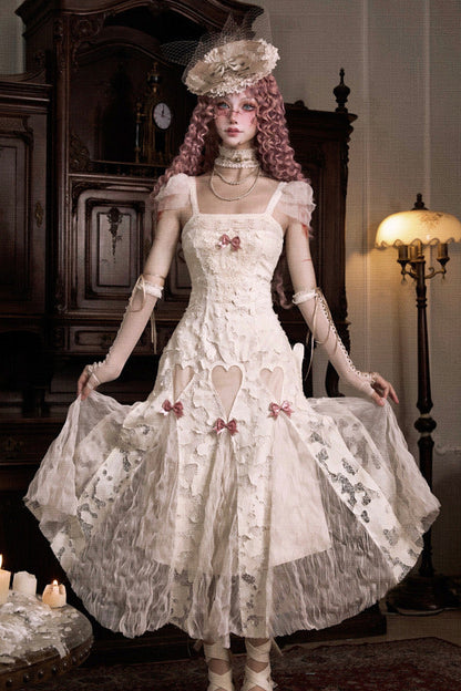 コットンラブハートリボンカットアウトレーススリップドレス