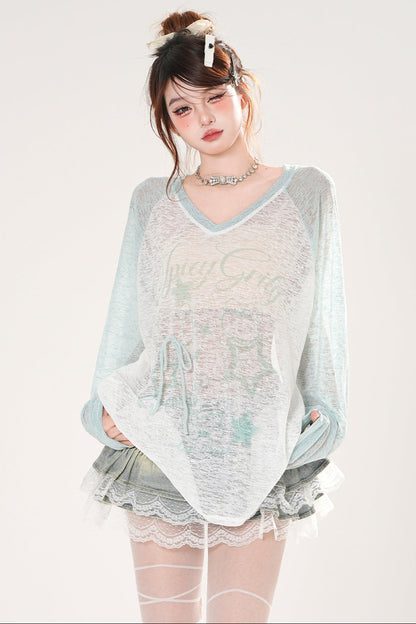 シアーサブカルVネックスモックトップス