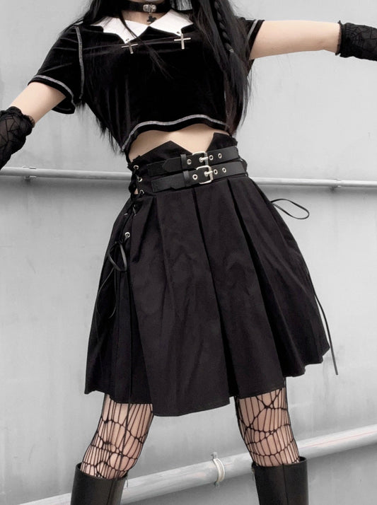 Punk rock twin belt side lace up skirt