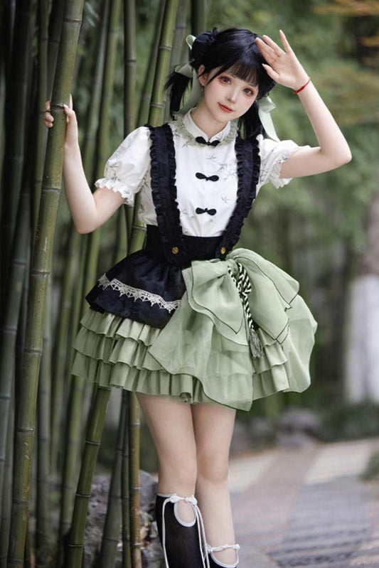 Chinese Shirt + Frilled Suspender Skirt + Accessories
