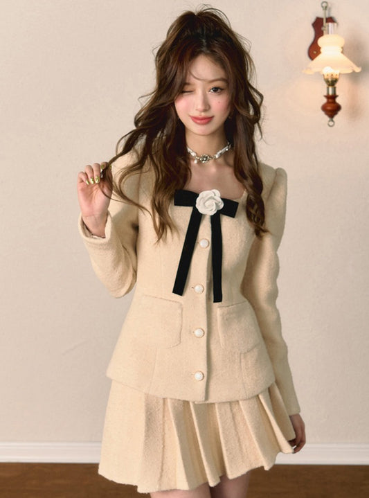 Wool Small Fragrance Jacket + Pleated Skirt