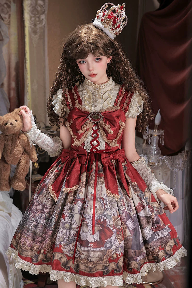 [Date limite de précommande : 7 août] Ensemble complet robe JKS vintage rouge à imprimé lapin histoire avec ruban antique + chemise à volants + manchettes lacées