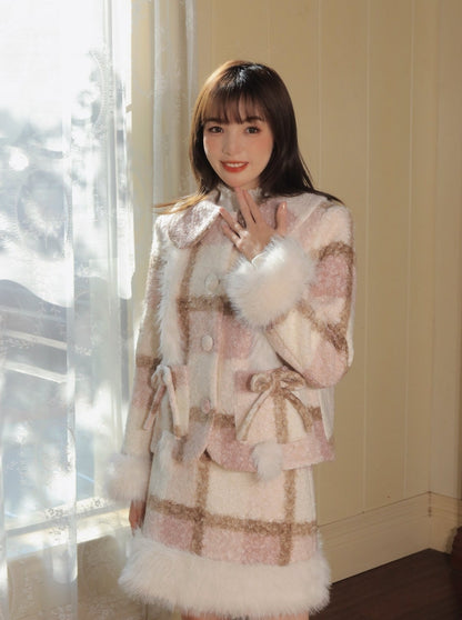 Peach Check Fur Jacket + Check Fur Skirt