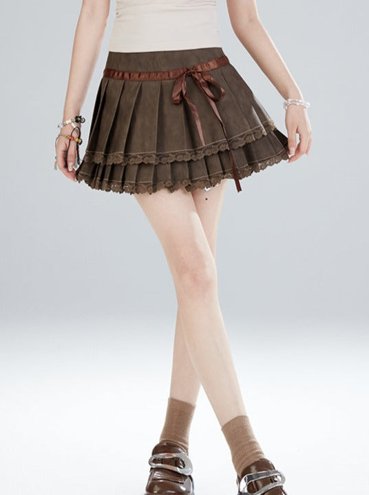 Limited time 9% off 11SH97 Retro double PU leather skirt women's summer sweet hot girl lace stitched A-line pleated skirt