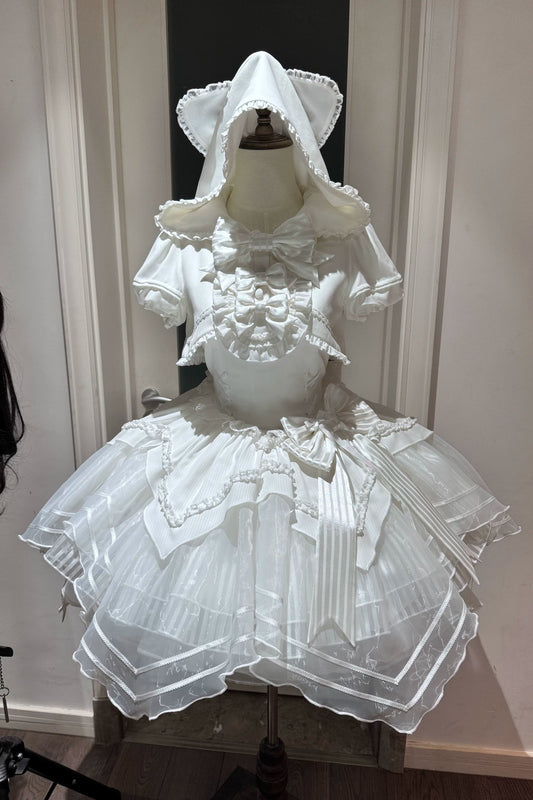 【Vorbestellung bis 18. April】Katzenohren-Kapuzenpullover-Spitzenband-Weißes-Fake-Zweiteiler-Romantisches-Gothic-Lolita-Kleid