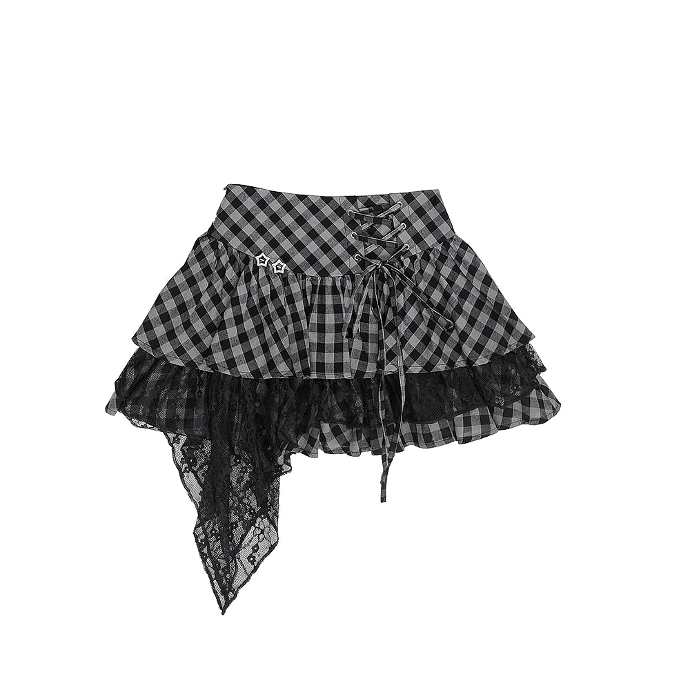 アビースリムショートトップス+チェックレーススカート