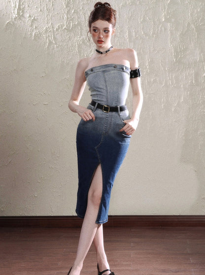 Tube Top Mid Length Summer Denim Dress