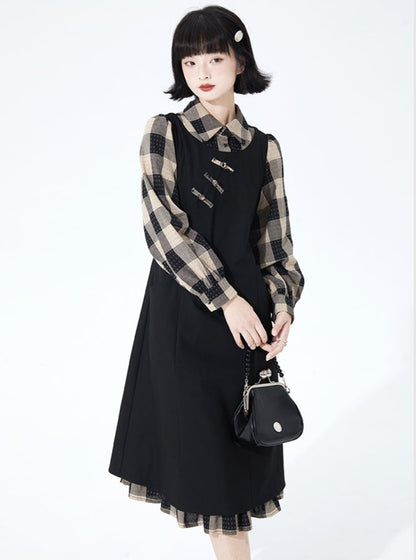 Lantern Sleeveless Lapel Check Dress