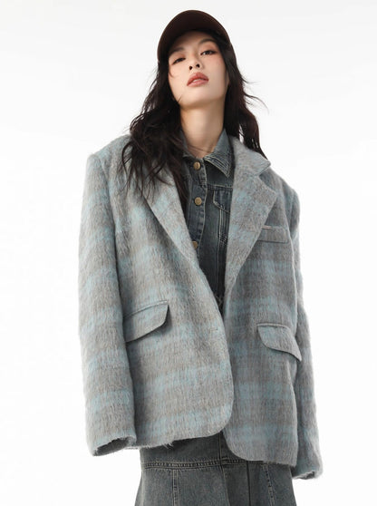 Trendy wool check retro loose jacket