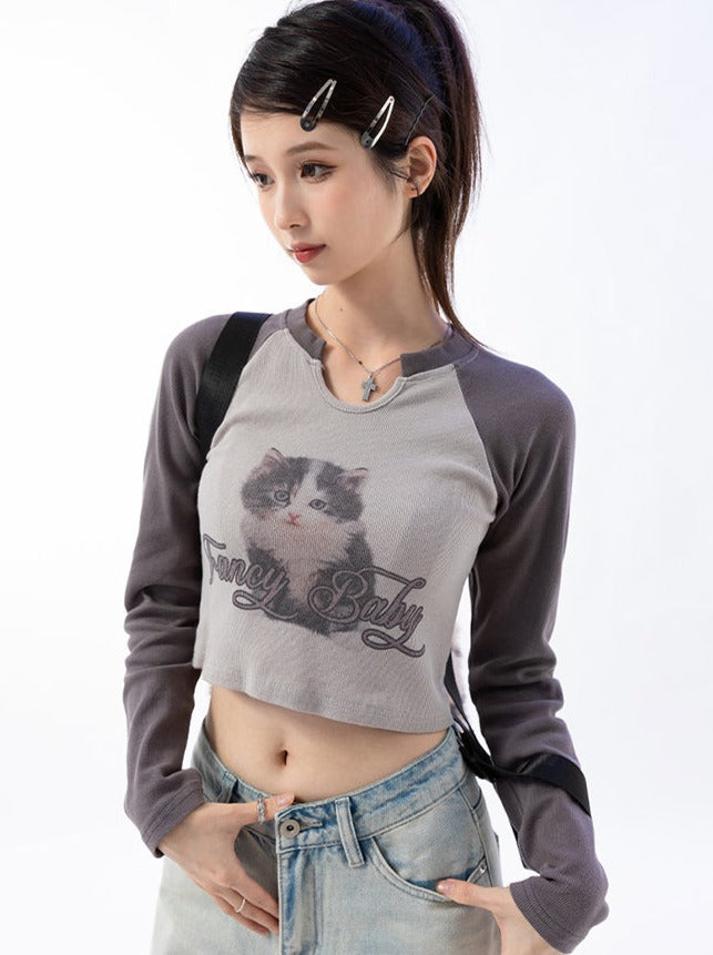 Bicolor cat design short slim top