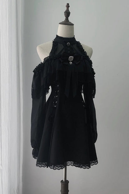 【8月30日予約締切】Black Gothic Off-Shoulder Frill Long Sleeve Dress with Bow Tie