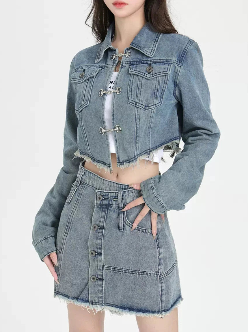 American Retro Denim Short Jacket + Skirt