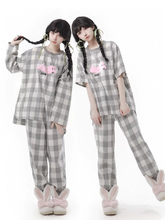 Pinksavior resells pigs skin-friendly plaid cotton home clothes soft casual suits