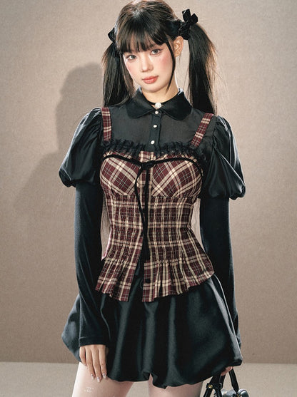 Puff sleeve little black shirt + check suspenders + flared skirt