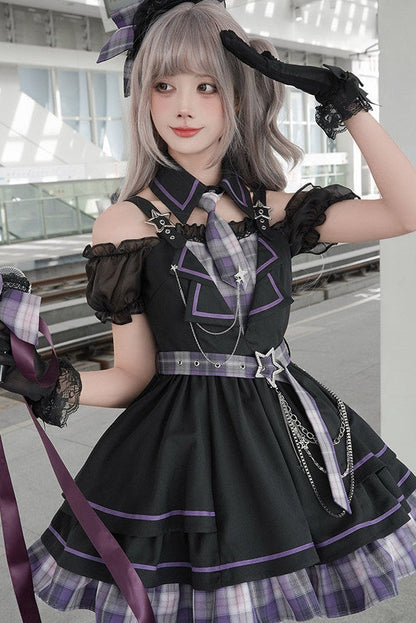 다크 카와이 체크 로리타 원피스 + 레그 워머