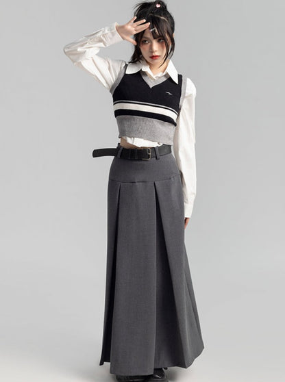 Mode knit vest + short shirt + long pleated skirt