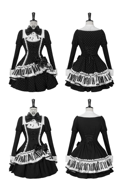 [Reservierungsschluss 22. Oktober] Schwarz gepunktetes Gothic-Lolita-Rüschenkleid mit asymmetrischem Design, Klaviertasten- und Musiknotenmotiv sowie Klaviertasten-Spitzenfliege