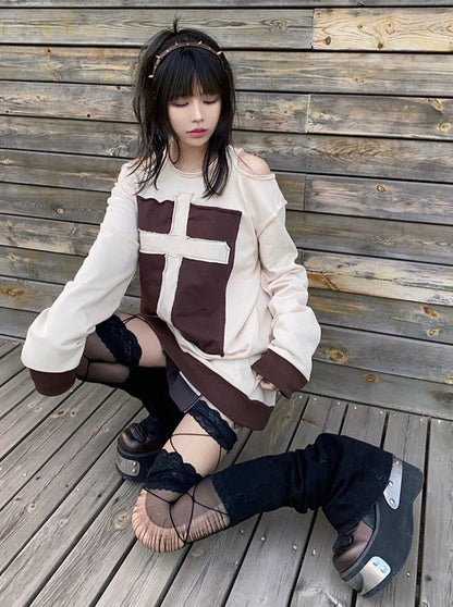 Splicing Patch Crossover Loose Pullover Tops