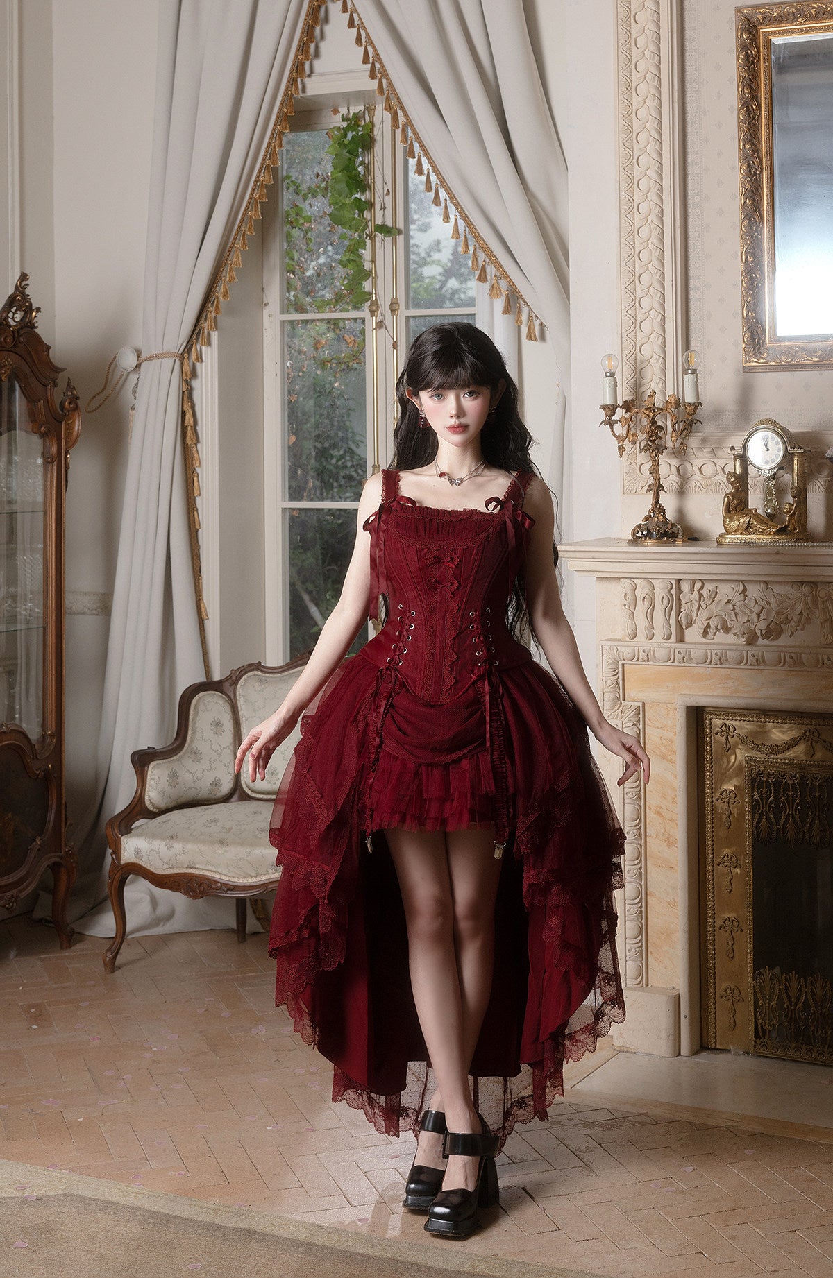 【2月27日予約締切】アンティークランプシャドウシャンパンゴールドストラップリボンビスチェドレスセットアップ