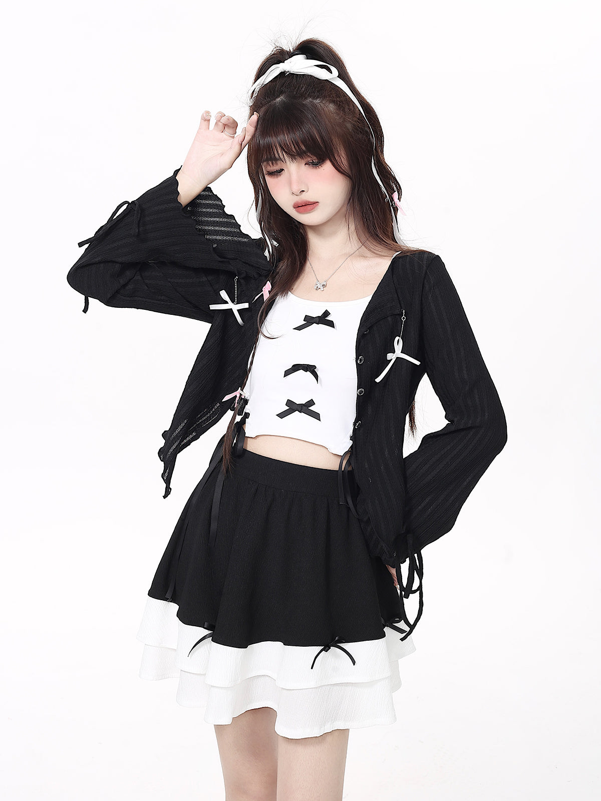 Openwork ribbon bell sleeve cardigan + lace-up cami top + skirt