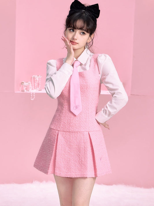 Pink Small Fragrance Sass Dress + Waist Mark Tie Shirt