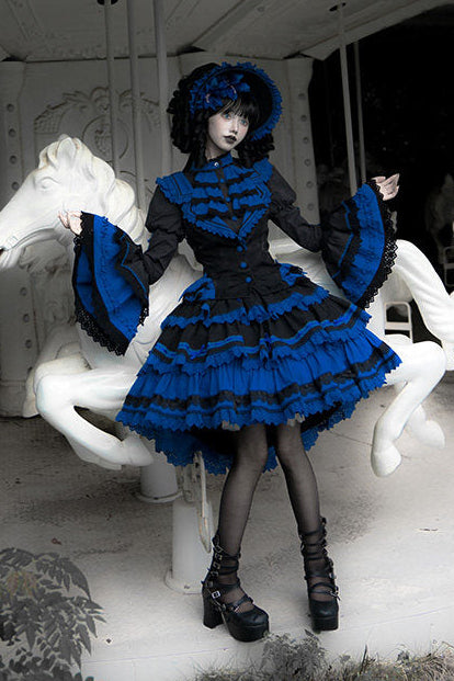 [Vorbestellfrist: 13. Juli] Kleinblaue Gothic-Lolita-Rüschen-Stufenkleid-Komplettset