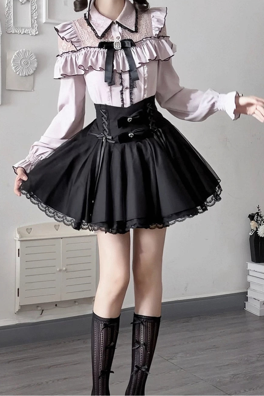 [Termine prenotazione 29 settembre] Blusa rosa in pizzo trasparente con volant e fiocco gioiello + gonna a sirena in tulle a strati + minigonna in pizzo con fiocco gioiello