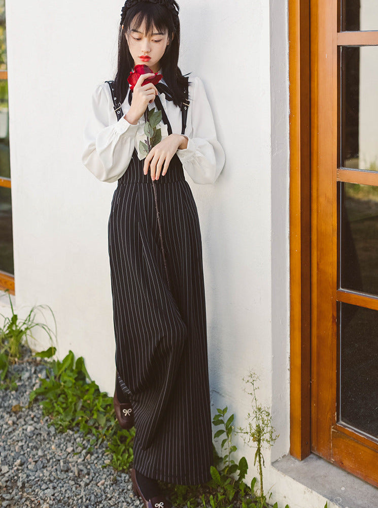 French Retro Suspender Tuck Wide Pants 