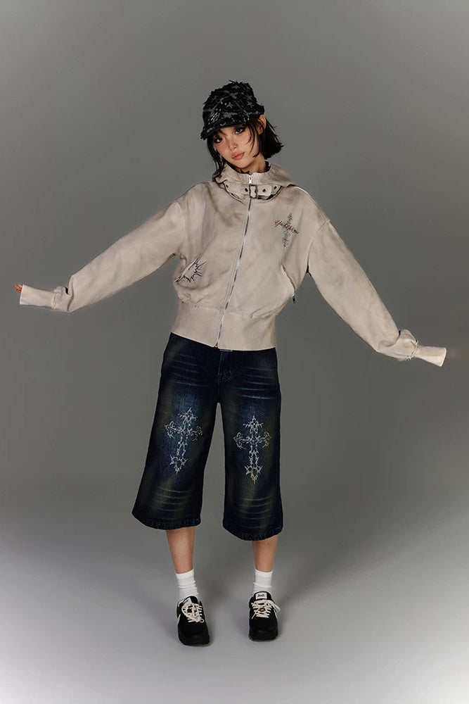 モードジッパーバイカーフードジャケット