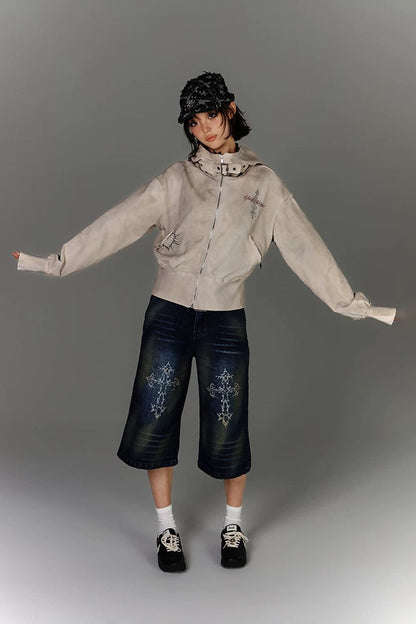 モードジッパーバイカーフードジャケット