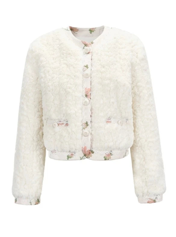 Mokomoko Fur Flower Jacquard Round Neck Wool Jacket