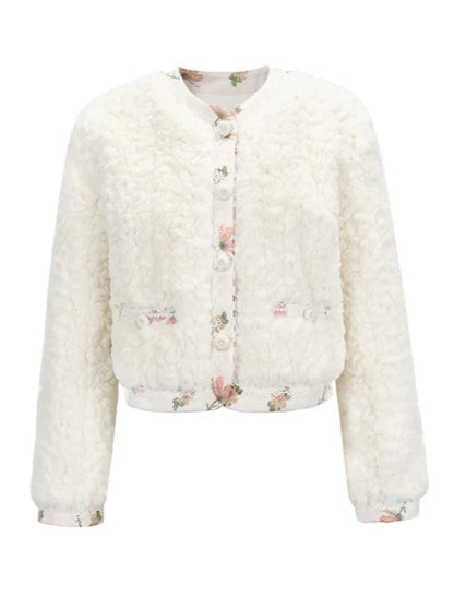 Mokomoko Fur Flower Jacquard Round Neck Wool Jacket