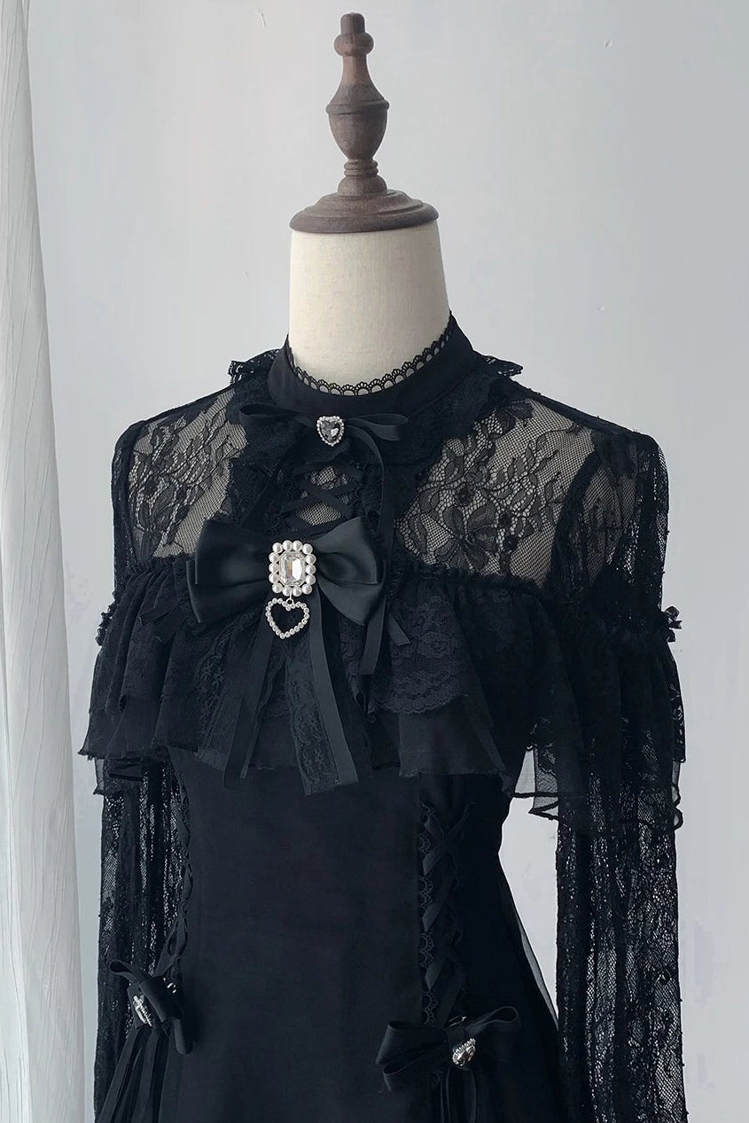 【9月15日予約締切】Black Dark Gothic Sheer Lace Dress Set (Includes Inner Shorts + Rhinestone Bow Tie)