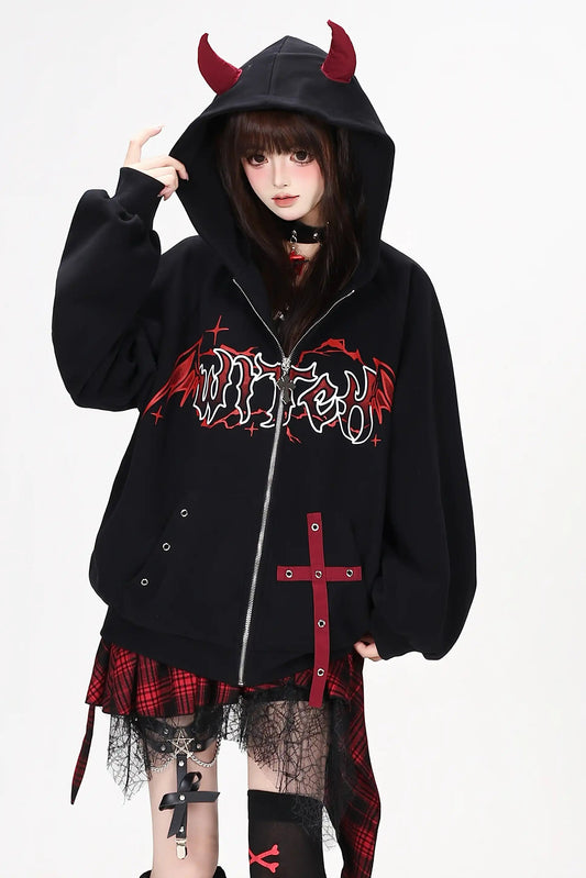 Devil Horn Gothic Webbing Hooded Jacket