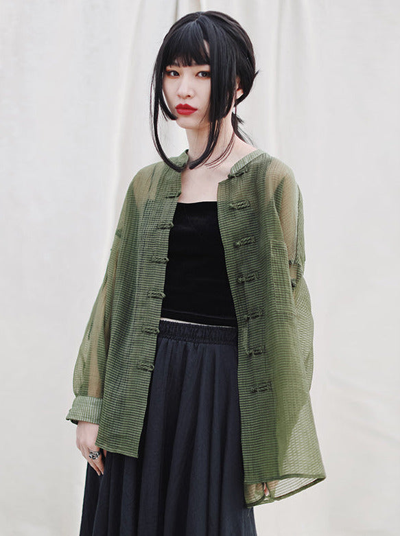 Chinese stand collar sheer shirt