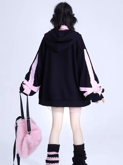 Pink Black Oversized Cardigan Hoodie Jacket