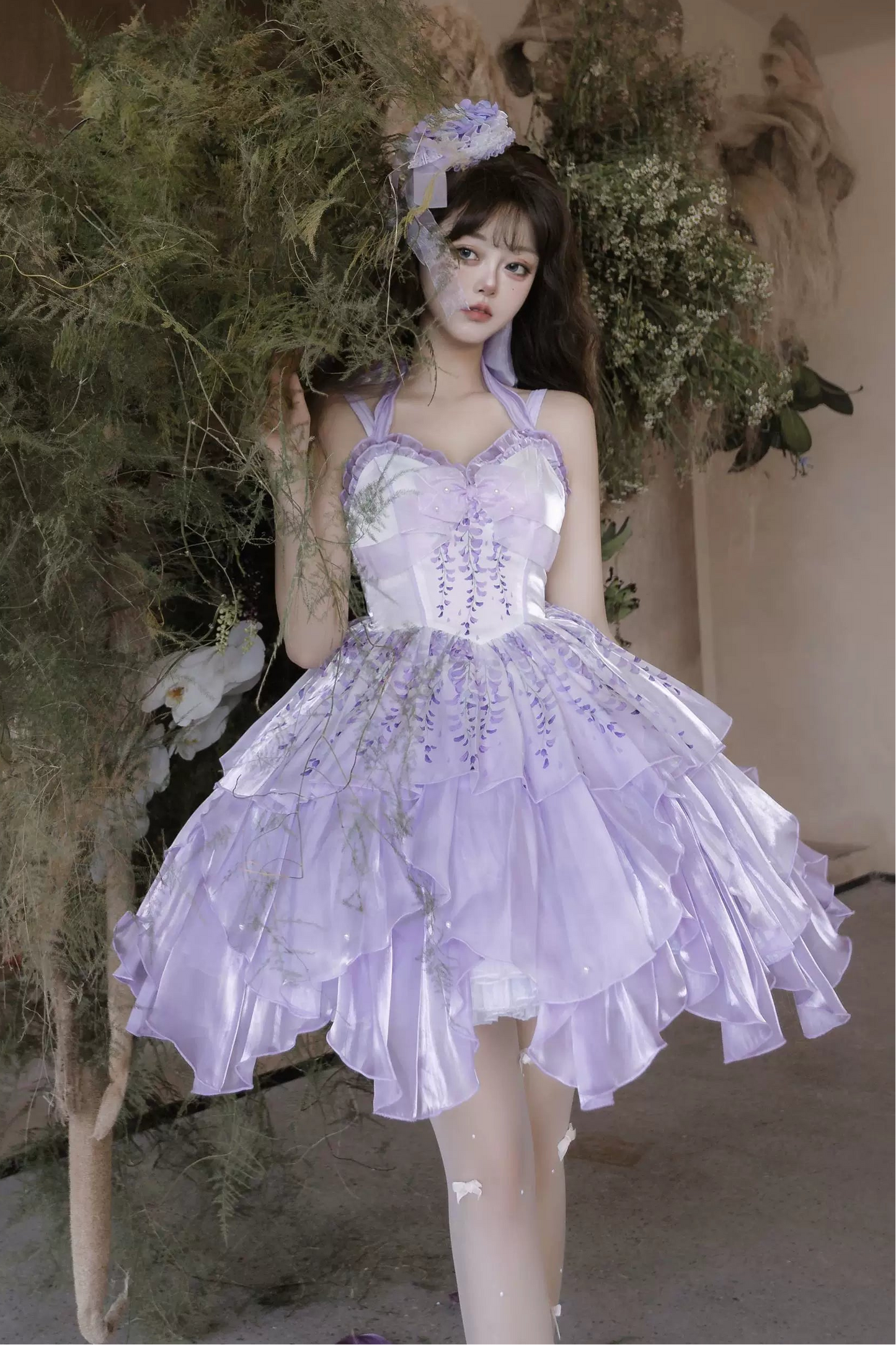 [Pre-order Deadline: June 18] Wisteria Purple Gradient Fairy Lolita Bow Layered JSK Dress + Full Set (Dress + Flower Hat)