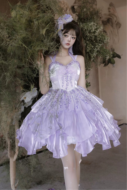 [Pre-order Deadline: June 18] Wisteria Purple Gradient Fairy Lolita Bow Layered JSK Dress + Full Set (Dress + Flower Hat)