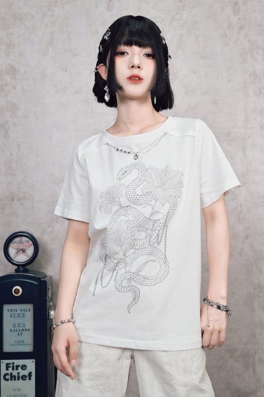 China Design Chain White Print T-Shirt
