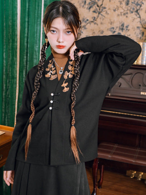 China Leaf Embroidery V-neck Jacket Top [Reserved Product].