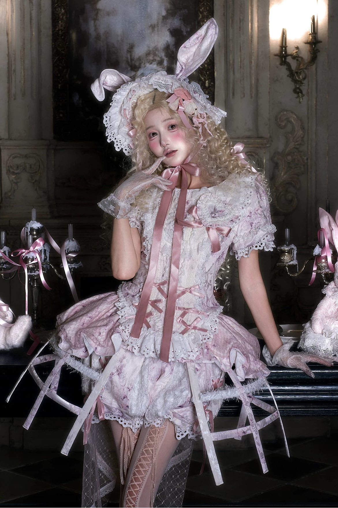 [Date limite de précommande : 6 octobre] Pink Castle Bunny ensemble poupée romantique avec haut corset à manches bouffantes en dentelle + short + surjupe à volants + surjupe cage à oiseaux Set 1/2/3