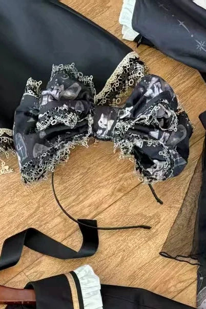 Reservation Deadline: December 26 Black Gold Gothic Lolita Cat Choir Series Accessories (Cat Ear BB Hat + Back Ribbon Train + Pair of Side Ribbons with Musical Note and Cross Motifs + Cat Print Ribbon KC + Black Cat Ear Lace Mini Hat)