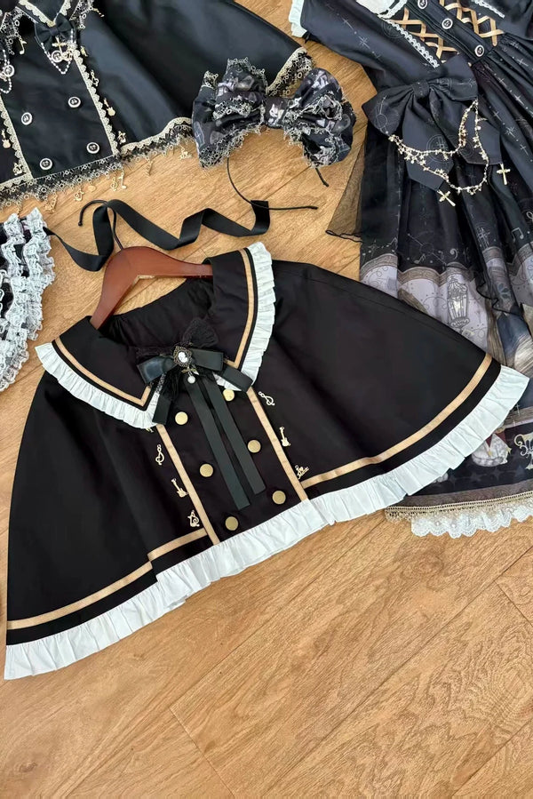 [Pre-order Deadline: December 26] Black Gold Gothic Lolita Cat Choir Vintage Print JSK Dress + Gold Trim Frill Cape