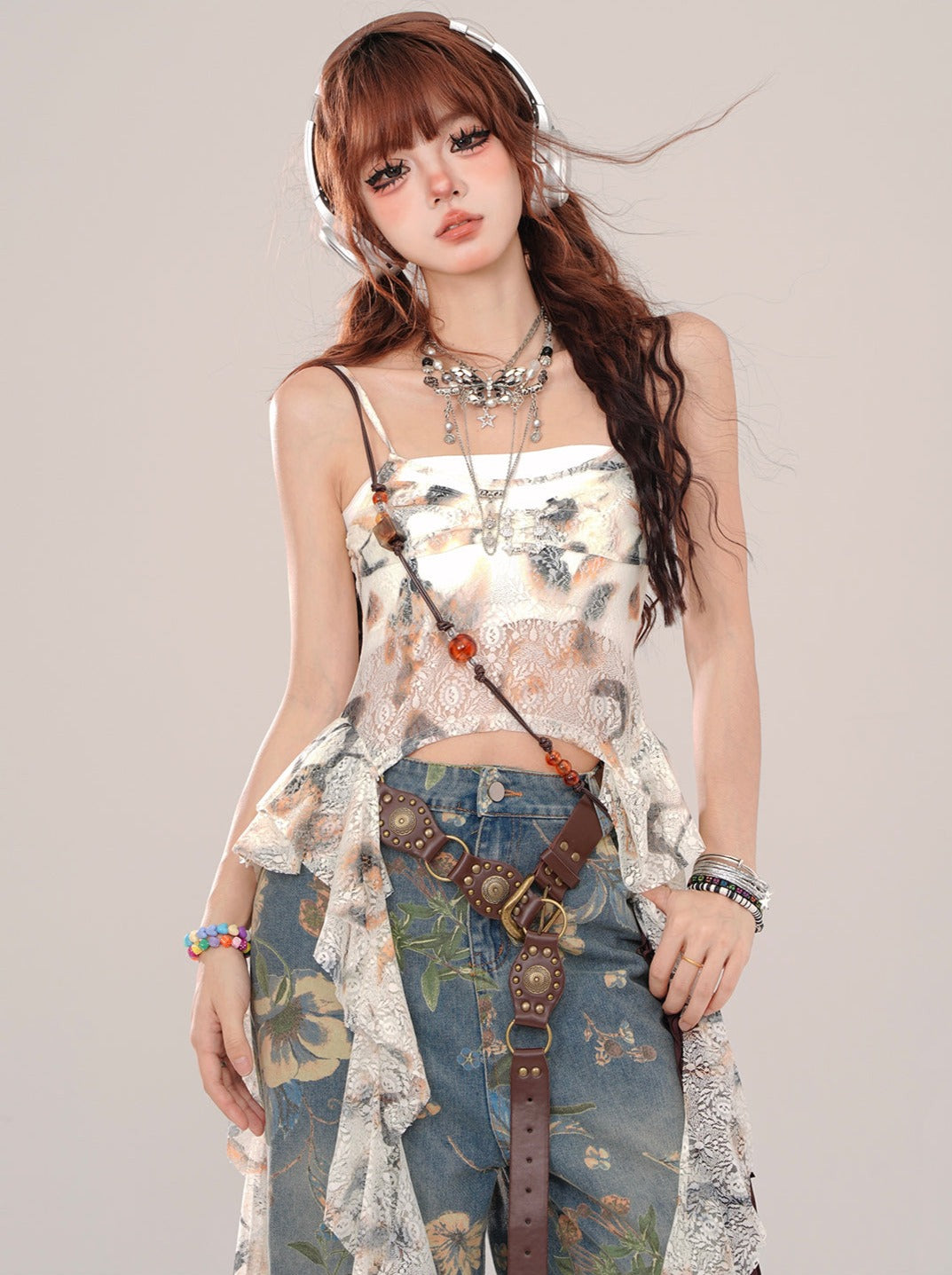 Sheer Butterfly Asymmetrical Suspender Tops