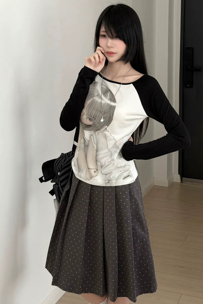 블랙 앤 화이트 래글런 탑 + 플리츠 스커트