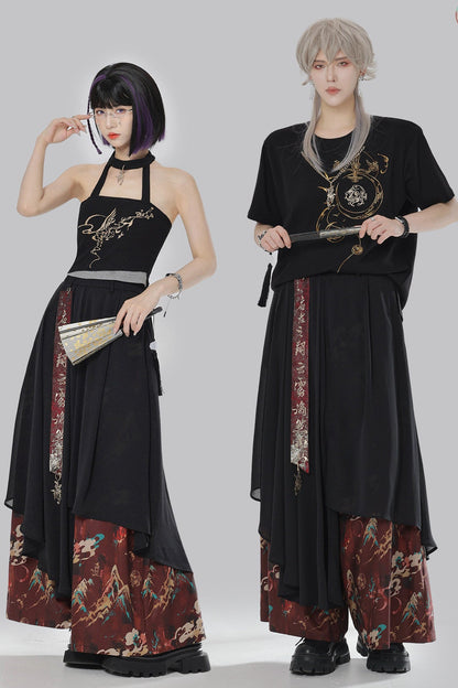 Gold Dragon Embroidered Choker Top (with Cups) + Chinese-Style Wide-Leg Pants