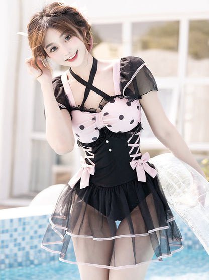 Dot Sheer Frill Lace-Up Lolita Girly Dress Swimsuit