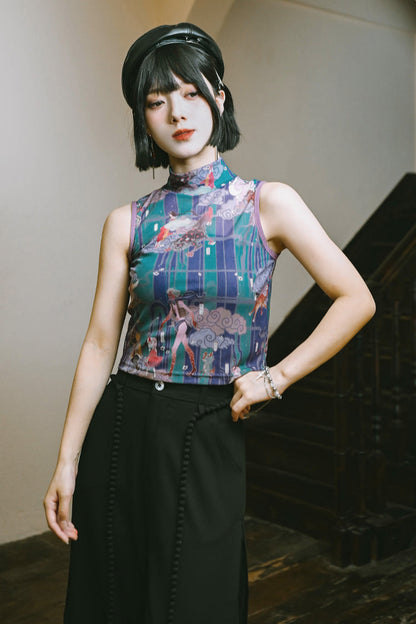 プリントメッシュハイネックノースリーブトップス